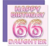 66th Birthday Card for Daughter - Pink & Purple Glitter Balloons - Happy Birthday Cards for 66 Year Old Daughter from Mum Dad Parents, 145mm Bday Greeting Cards Gift