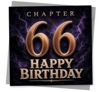 66th Birthday Card for Her, Chapter 66 Purple Lightning | Striking ‘Chapter 66 Happy Birthday’ wording in gold-look lettering over a dramatic purple lightning sky for her 66th.