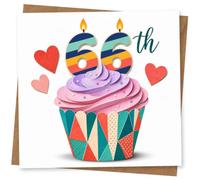 66th Birthday Card for Her, Cupcake & Candle 66 Hearts | Layered cupcake with stripy candle-style 66, heart motifs and confetti sprinkles-bright 66th birthday cheer for her.