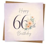 66th Birthday Card for Her, Happy Birthday Florals | Marks her 66th with navy script birthday wording, soft peach flowers and leafy sprigs beside the age number.