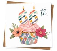 66th Birthday Card for Her, Striped Candle 66 Cupcake | Cheerful 66th card with a pink-iced cupcake, striped 66 candle toppers and bright flowers on a white background.