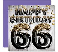 66th Birthday Card for Men, Black & Gold Glitter Balloons
