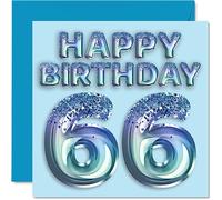 66th Birthday Card for Men - Blue Glitter Party Balloon - Happy Birthday Cards for 66 Year Old Man Uncle Grandad Dad Grandpa Gran, 145mm Bday Greeting Cards Gift