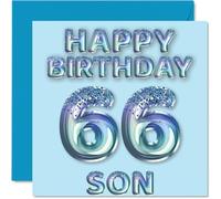 66th Birthday Card for Son - Blue Glitter Party Balloons - Happy Birthday Cards for 66 Year Old Son from Mum Dad Parents, 145mm Bday Greeting Cards Gift