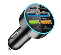 66W Fast Car Charger - 6-in-1 Multi-Port USB C & PD Cigarettes Lighters Adapter | LED Digital Display Voltmeter With Halo Effect | Super Quick Charge Block For All Smartphones & Tablets