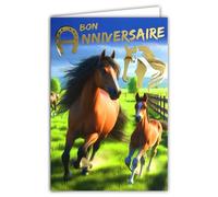 67-1277 Happy Birthday Card Horse Head in Shiny Gold and Envelope 12 x 17.5 cm Horseshoe Lucky Charm Mare and Foal Galloping Meadow Pasture Horse Club Pony