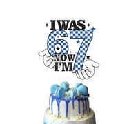 67 Birthday Decorations Cake Topper - Happy Birthday I was 6 Now I'm 7 Cake Topper Blue White Grid Theme Party Decoration for Boys Girls Funny Six Seven Years Old Party Supplies