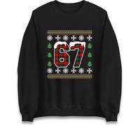 67 Meme Christmas Jumper Outfit Funny Viral Number Design Festive Holiday Pattern Inspired By Internet Trend With Snowflakes And Trees Unique Xmas Humor Style Classic Holiday Sweatshirt Black