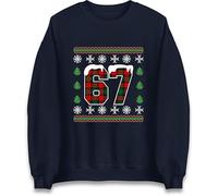 67 Meme Christmas Jumper Outfit Funny Viral Number Design Festive Holiday Pattern Inspired By Internet Trend With Snowflakes And Trees Unique Xmas Humor Style Classic Holiday Sweatshirt Navy