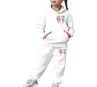 67 Meme Girls Tracksuit Stylish Casual Hoodie Jogger Set with Front Pocket Cute Printed Pullover Soft Comfy Two Piece Outfit Kids Daily Playwear School Home Fashionable (White-3, 10-11 Years)