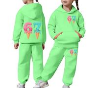 67 Meme Girls Tracksuit Stylish Casual Hoodie Jogger Set with Front Pocket Cute Printed Pullover Soft Comfy Two Piece Outfit Kids Daily Playwear School Home Fashionable (Green-3, 10-11 Years)