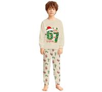 67 Meme Pyjamas Set Boys Girls Matching Christmas Pjs for Family Six Seven Number 6 7 Long Sleeve Tops and Pants 2 Piece Outfit Pajamas for Women Men Beige