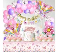 67 Pcs Butterfly Birthday Decorations for Girls Pink Purple Butterfly Party Decoration Butterflies Balloons Happy Birthday Banner Fairy First Party Supplies Cake Topper Flower for Girls