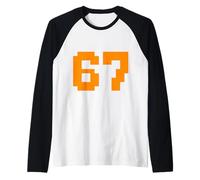 67 Pixel Block Number Graphic Vintage Arcade 8-Bit Style Raglan Baseball Tee