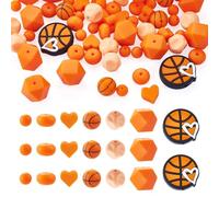 67Pcs Orange Silicone Focal Beads for Bracelets Sports Basketball Silicone Beads for Keychain Making Assorted Round Heart Cube Rubber Charm for Jewelry Making