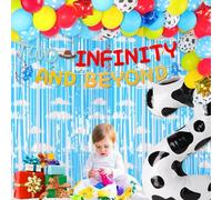 67Pcs Two Infinity and Beyond Birthday Decorations Toy Inspired 2nd Birthday Party Supplies for Boys Girls 2nd Party Blue Sky White Clouds Backdrop Toy Themed Decor