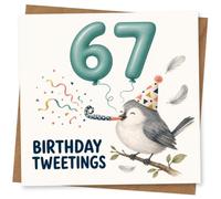 67th Birthday Card, Birthday Tweetings Bird | Cheerful 67th design with teal balloon “67”, party bird blowing a streamer, confetti curls and “Birthday Tweetings”.