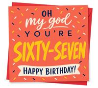 67th Birthday Card, Confetti Sprinkles 'Oh My God' | For a 67th: confetti-style sprinkles around the message “Oh my god you’re sixty-seven”, finished with “Happy Birthday!”