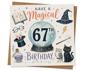 67th Birthday Card, Crystal Ball, Cats and Stars | A starry wizard theme with crystal ball centrepiece, spell book and wand, plus cats-made for a magical 67th.