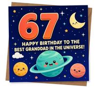 67th Birthday Card for Grandad, Space Planets & Moon | 67th card for Grandad with bold “67”, smiling moon and planets, plus the line “Best Grandad in the Universe!”