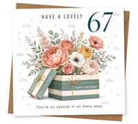 67th Birthday Card for Her, Floral Gift Box | For her 67th: striped gift box overflowing with flowers, plus “Have a Lovely 67th”, “Happy Birthday” and “You’re so special”.