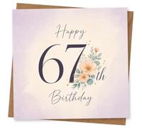 67th Birthday Card for Her, Peach Flowers and Script | Features “Happy 67th Birthday” in graceful script, with peach blossoms and sage-green leaves on a soft pastel wash.