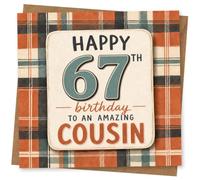 67th Birthday Card for Her, Plaid Tartan, Big 67 | For her 67th: tartan plaid background, big “67” and “Happy 67th Birthday to an Amazing Cousin” wording.