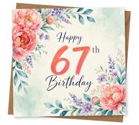 67th Birthday Card for Her, Watercolour Peonies & Leaves | “Happy 67th Birthday” script over a soft watercolour wash, framed by pink peonies, purple sprigs and teal leaves.