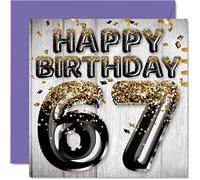 67th Birthday Card for Men, Black & Gold Glitter Balloons