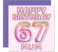 67th Birthday Card for Mum, Pink & Purple Glitter Balloons