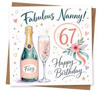67th Birthday Card for Nanny, Fabulous Fizz | Toast your Nanny’s 67th with ‘Fabulous Nanny!’ plus fizz bottle, champagne flute, floral sprigs and confetti stars.