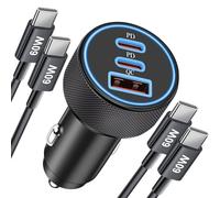 67W 3-Port USB C Car Charger and 2-Pack USBC Cable for iPhone 17 Air 16 16e 15 Pro Max, Samsung S25 S24 S23 Ultra, Pixel, Android, Dual USB-C/A Fast Charging Car Adapter Cigarette Lighter 12V Socket