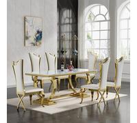 68.1'' Modern Faux Marble Dining Table Set for 6, Design with Double U Stainless Steel Base & 6 table Dining Chairs