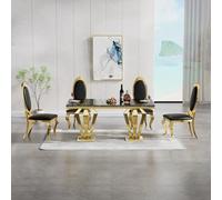 68.11'' Modern Faux Marble Dining Table Set for 4 with d Stainless Steel Base, Kitchen Table & 4 Black Leather Chairs for Ele Dining Room