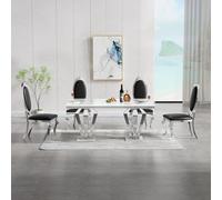 68.11'' Modern Faux Marble Dining Table Set for 4 with Silver Stainless Steel Base & 4 Leather Chairs - Kitchen Fur for Ele Dining Room