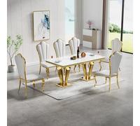 68.11'' Modern Marble Dining Table Set for 6 - Ele Kitchen Table with d Stainless Steel Base & 6 Leather Chairs - Faux Marble Dining Room Fur