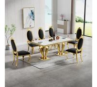 68.11'' Modern Marble Dining Table Set for 6 with d Stainless Steel Base & Faux Marble Top, Includes 6 White Leather Chairs for Ele Kitchen & Dining Room