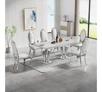 68.11'' Modern Marble Dining Table Set for 6 with Silver Stainless Steel Pedestal & Faux Marble Top, Includes 6 Leather Dining Chairs for Ele Kitchen & Dining Room