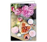 68-4034 Photo Card Heart Shaped Pink Peony Flowers Closed Format 17 x 11.5 cm White Interior for Writing Your Greeting Message - Comes with an Envelope - Made in France