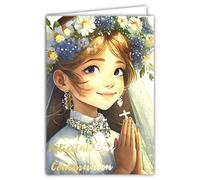 68-6004 Congratulations on Your Communion Card in Shiny Gold with Envelope 12 x 17.5 cm for Young Catholic Christian Girl in White Chasuble Dawn and Flower Wreath Made in France
