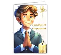68-6005 Congratulations on Your Communion Card in Shiny Gold with Envelope 12 x 17.5 cm for Young Catholic Christian Boy in Ceremony Costume Candle Cross Dove Peace Made in France