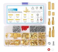 680 Pieces M2.5 Brass Male-Female Hex Spacer Column with Storage Case, PCB Motherboard Standoffs, Screws Nuts Circuit Pillar Assortment Kit, Gold Threaded Spacers for Electronics, Computers Mainboard