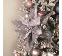 68cm Silver Velvet Poinsettia Stem with 2 Flowers Christmas Decoration