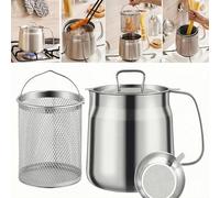 68oz 304 Stainless Steel Oil Filter Pot Large Capacity Versatile Oil Filter Vessel Heavy Duty Stainless Steel Bacon Grease Container Multi-Function Frying net Tank for Kitchen Camping (68oz/2L)
