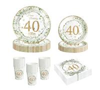 68Pcs 40th Birthday Paper Plates Cups Napkins, Sage Green Eucalyptus 40th Birthday Decorations, Disposable Party Tableware Set Serves 16 Guests for Women Her Party Supplies