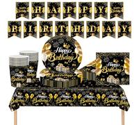 68Pcs Birthday Tableware Set for Adults,Black Gold Paper Dinnerware Set for Birthday Party with Plates,Cups,Napkins,Tablecloth,Banner,Party Supplies Table Decors for Him,Her,Men,Women -16 Guests