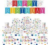 68PCS Happy Birthday Party Tableware Plates and Napkins Rainbow Polka Dot Birthday Banner Tableware Set Birthday Party Decorations Theme Dinner Plates Disposable Paper Plates Napkins Cups Tablecloth