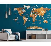 68travel Wooden World Map Wall Decoration - Multilayered, Multicolour Stained Wood, Engraved Names - Unique 3D Effect - For Living Room, Office & Bedroom - MEGA Explorer (300x175 cm)