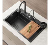 68x45cm Nano Stainless Steel Kitchen Sink - Single Bowl Workstation with Waterfall Faucet & Digital Display Durable & Stylish Black Finish Perfect for Modern Kitchens