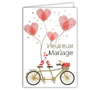 69-7098 Happy Wedding Congratulations Card - Shiny Gold - Envelope Included - Bicycle Floral Tandem Birds in Love Red Hearts Fingers - Made in France